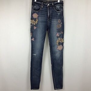 American Eagle Outfitters Embroidered Super Hi-Rise Jegging Distressed Jeans